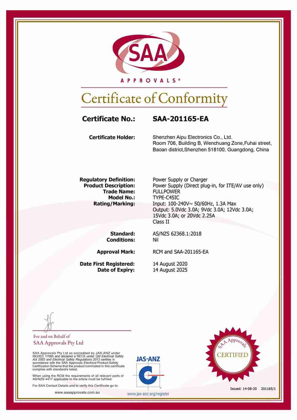 TYPE C45 series SAA certificate